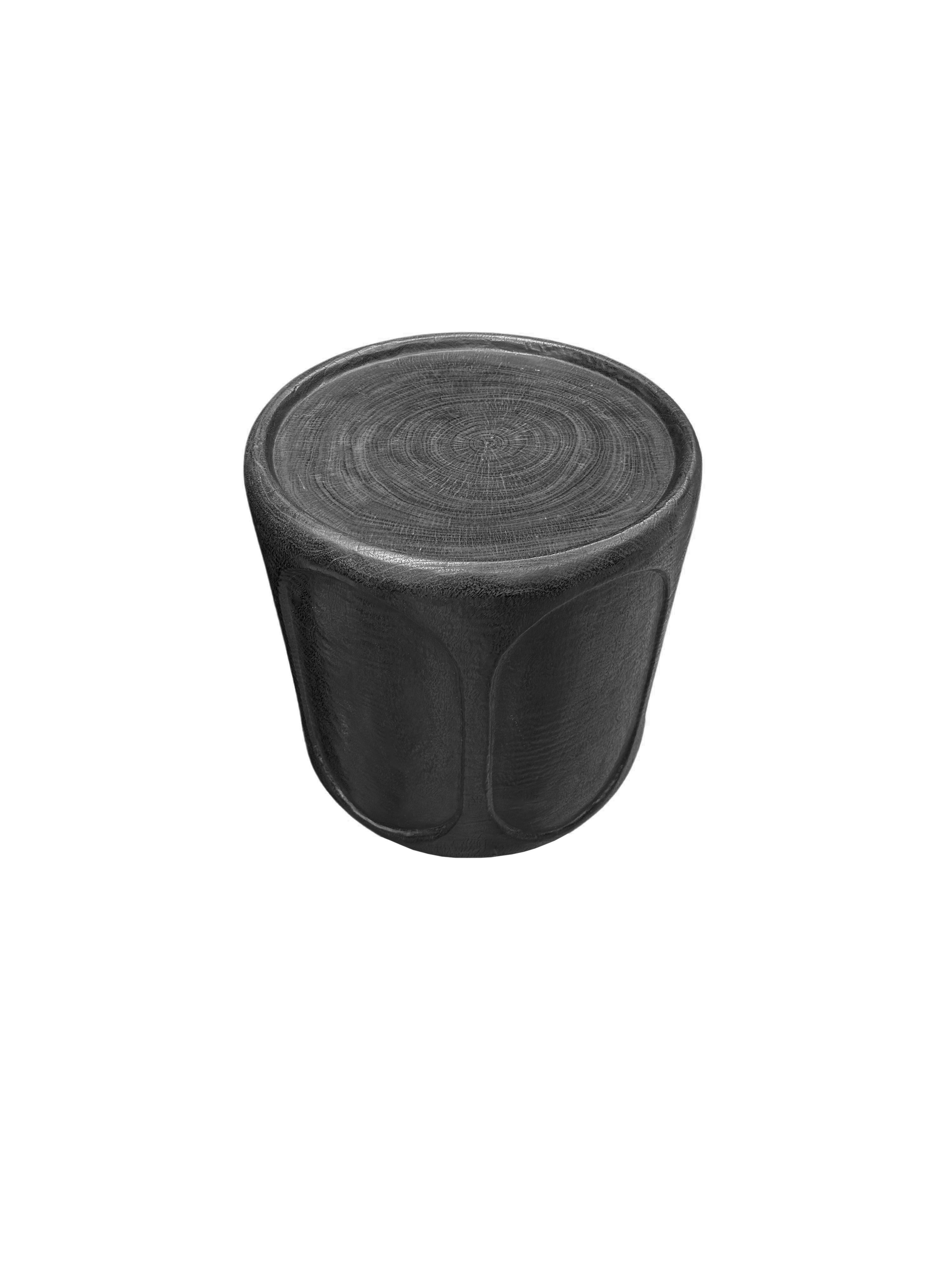Hand-Crafted Round Mango Wood Side Table, Carved Detailing, Modern Organic For Sale