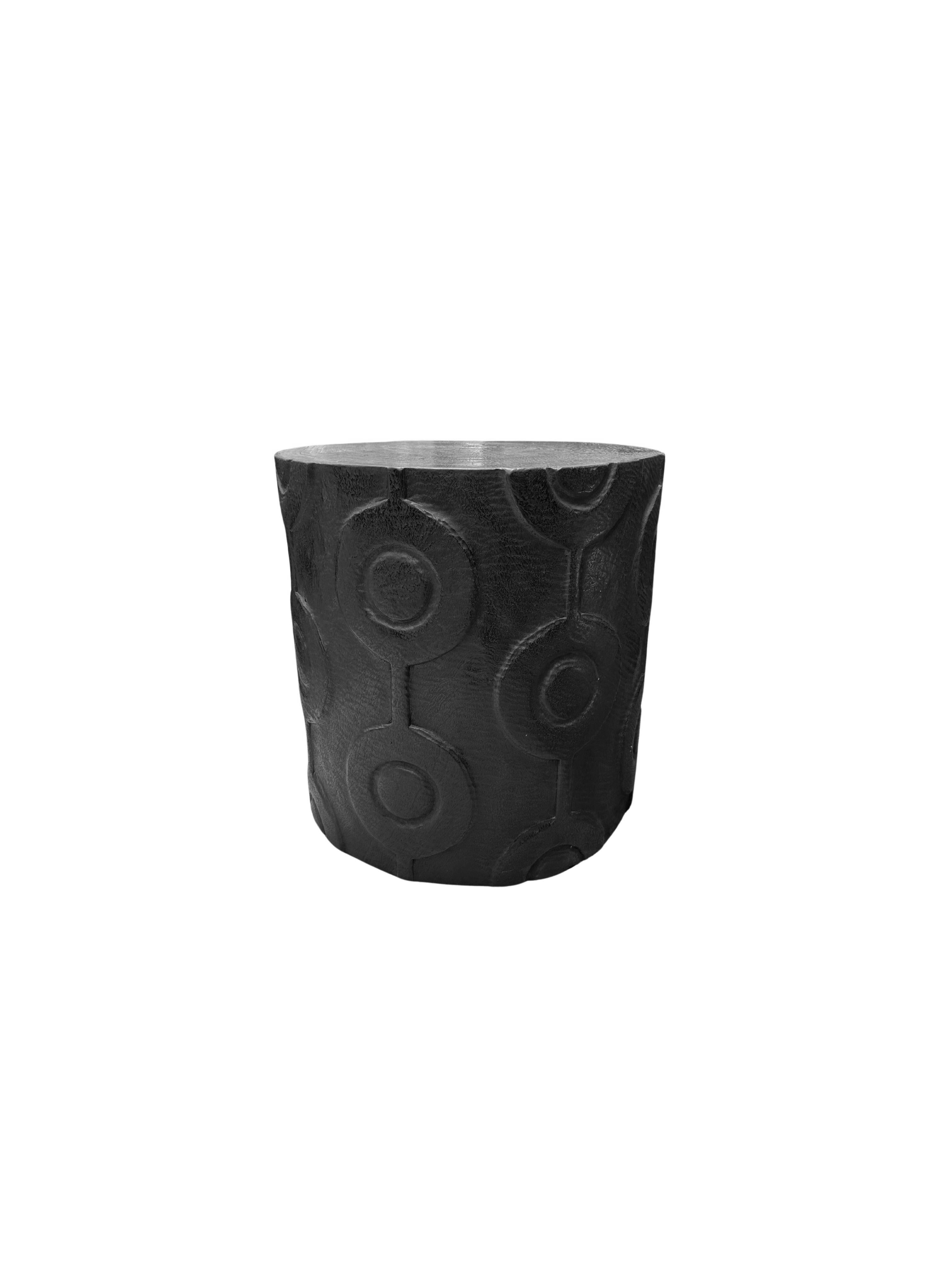 Hand-Crafted Round Mango Wood Side Table, Carved Detailing, Modern Organic For Sale
