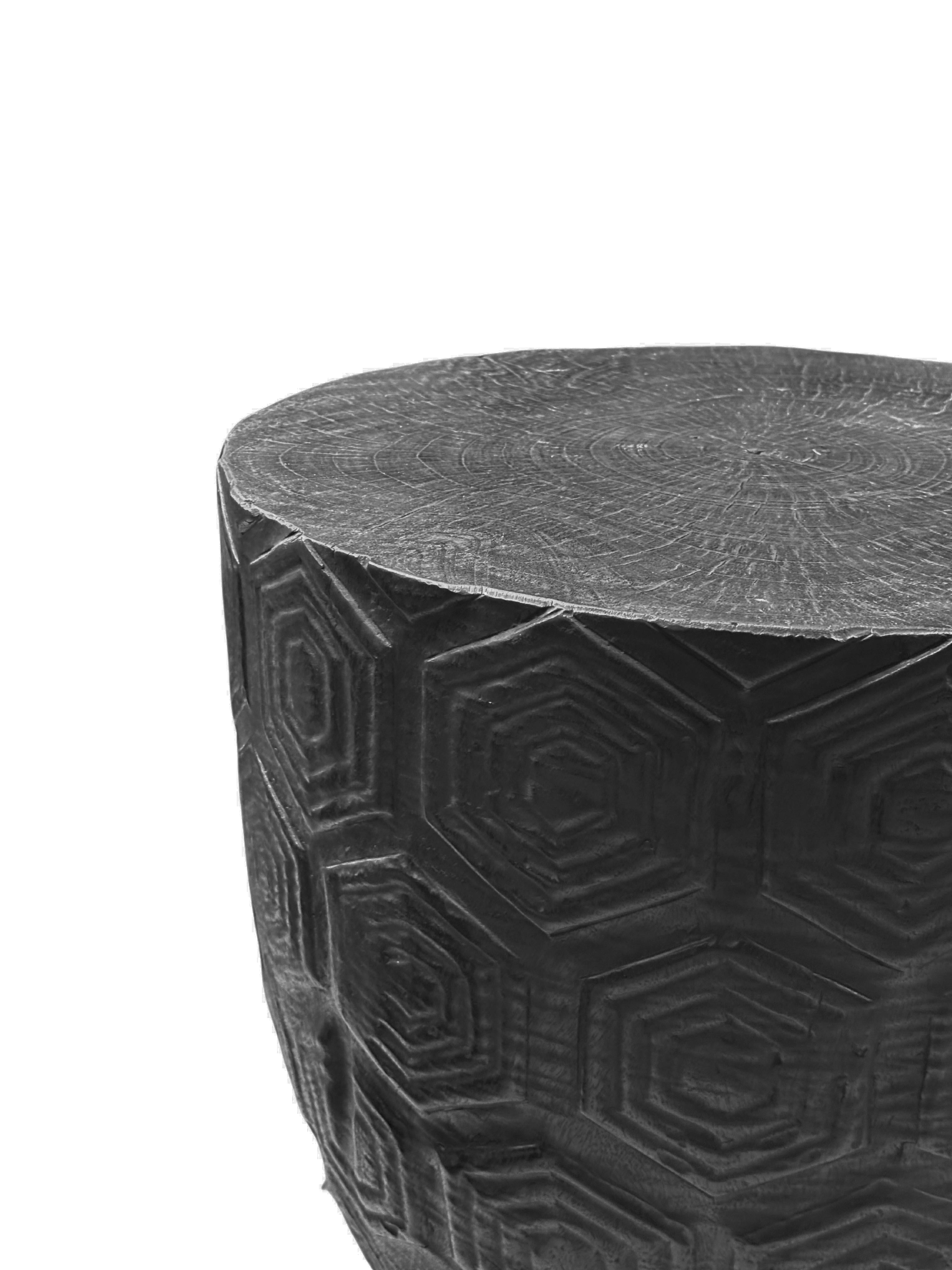 Hand-Crafted Round Mango Wood Side Table, Carved Detailing, Modern Organic For Sale