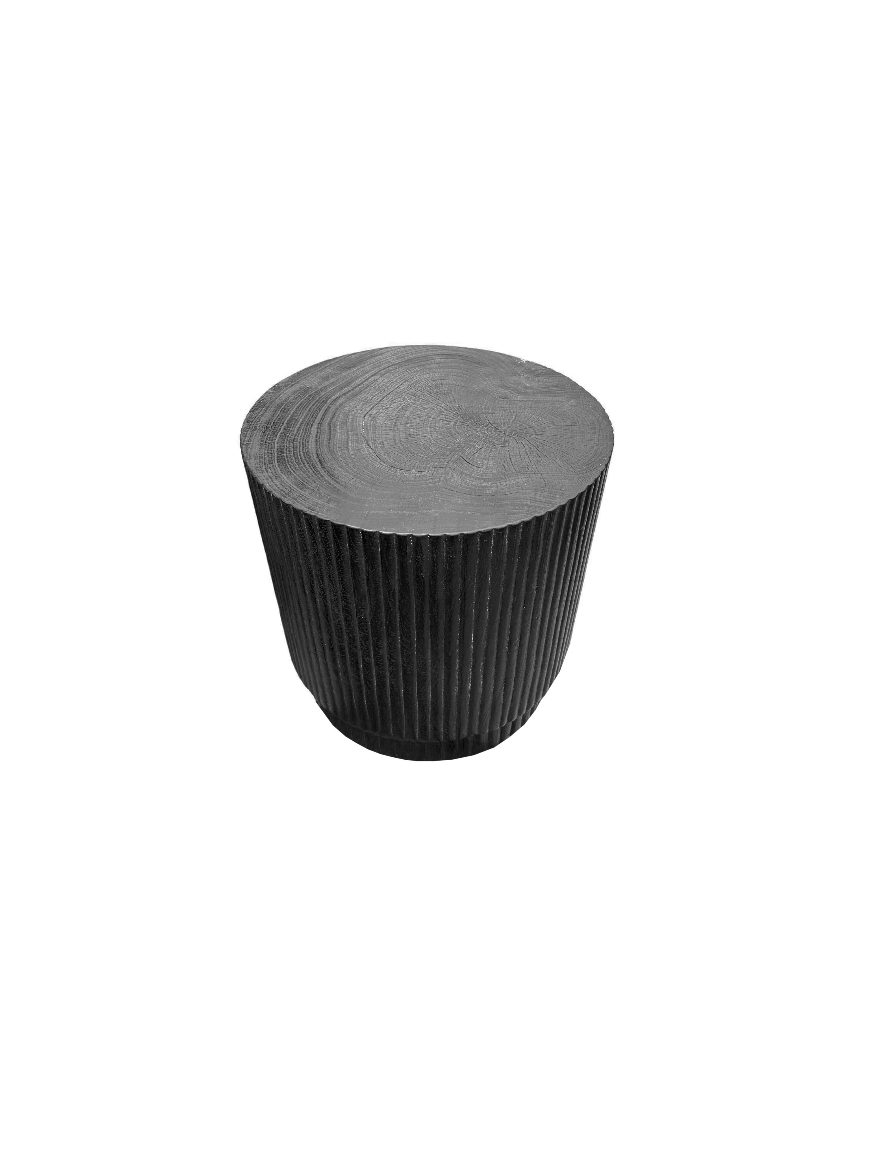 Hand-Crafted Round Mango Wood Side Table, Carved Detailing, Modern Organic For Sale