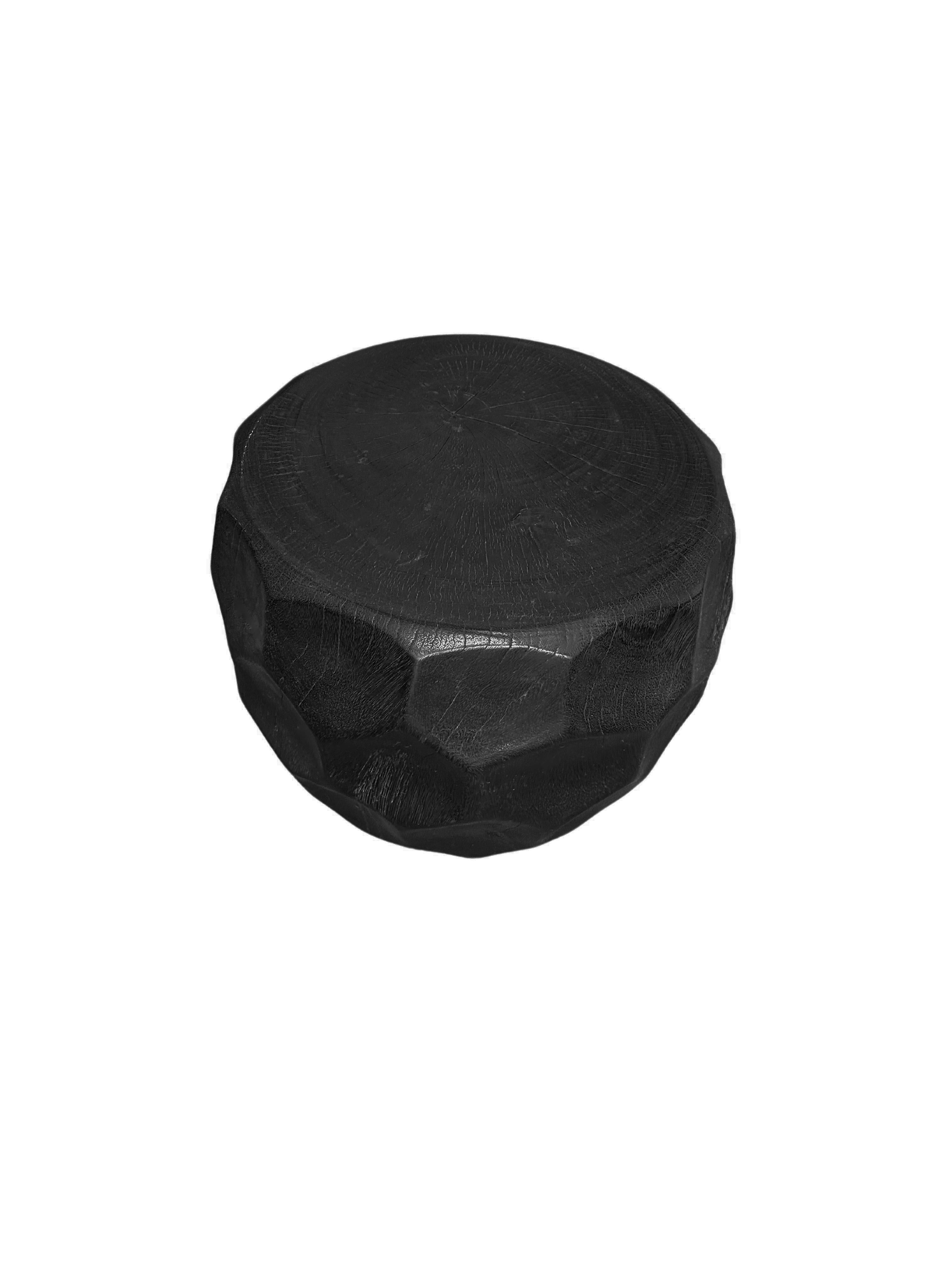 Hand-Crafted Round Mango Wood Side Table, Carved Detailing, Modern Organic For Sale