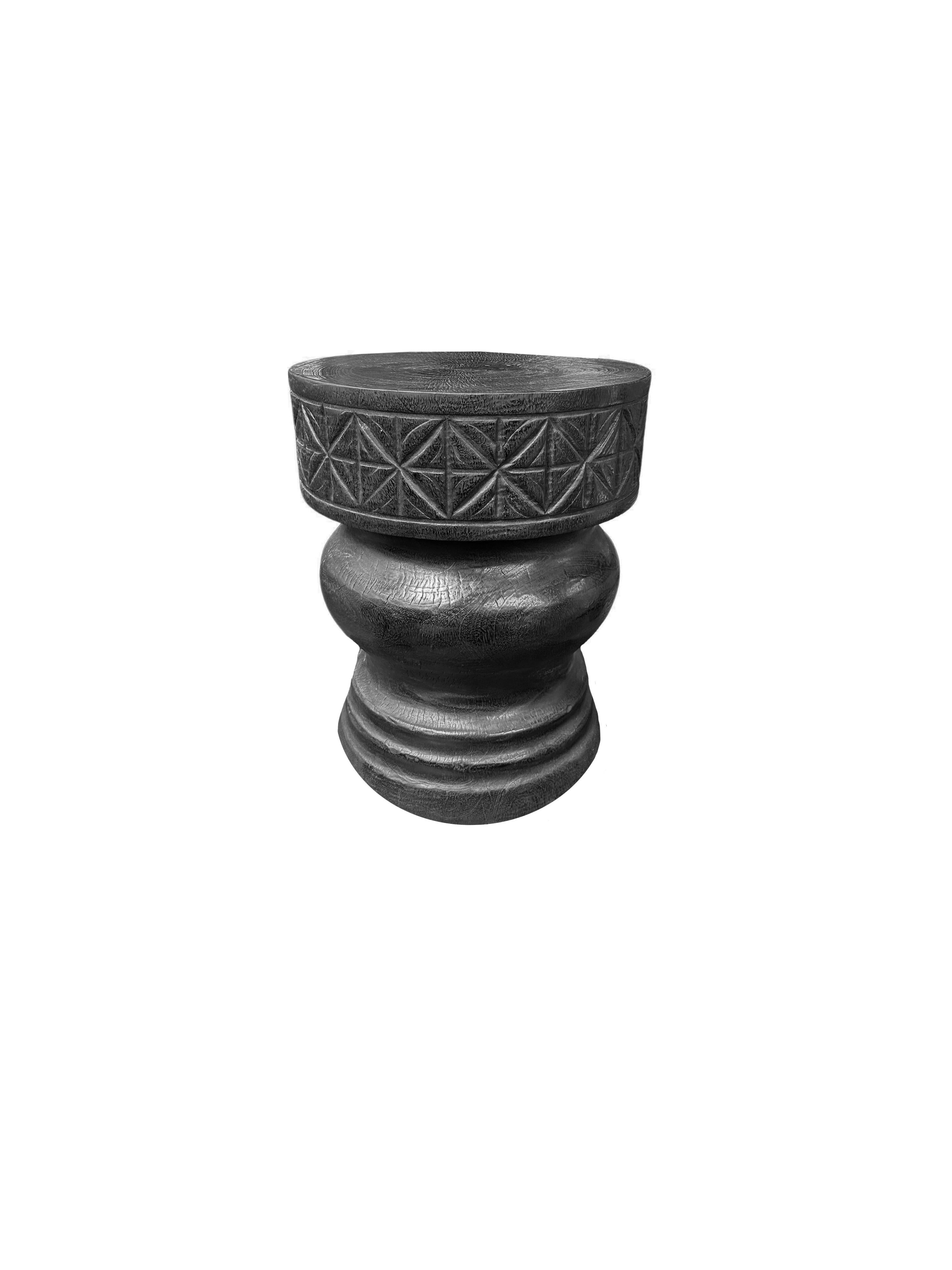 Hand-Crafted Round Mango Wood Side Table, Carved Detailing, Modern Organic For Sale