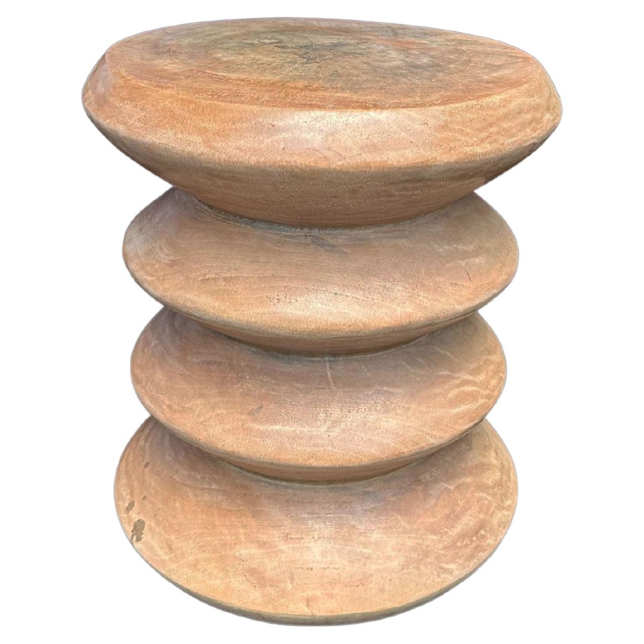 Round Mango Wood Side Table, Carved Detailing, Modern Organic For Sale