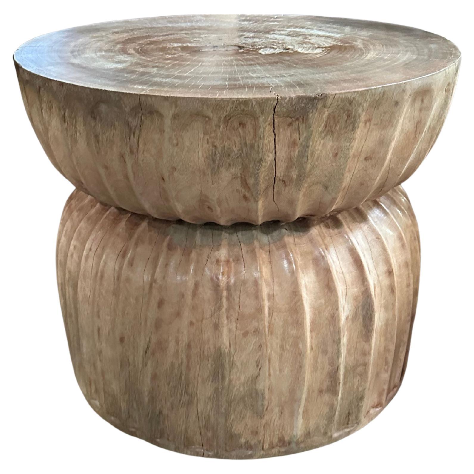 Round Mango Wood Side Table, Carved Detailing, Modern Organic