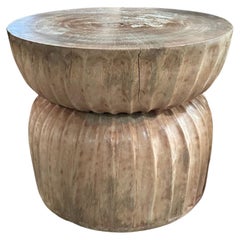 Round Mango Wood Side Table, Carved Detailing, Modern Organic