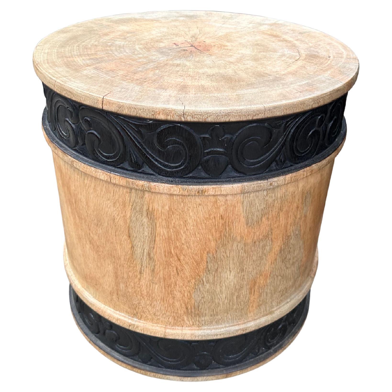 Round Mango Wood Side Table, Carved Detailing, Modern Organic