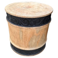 Round Mango Wood Side Table, Carved Detailing, Modern Organic
