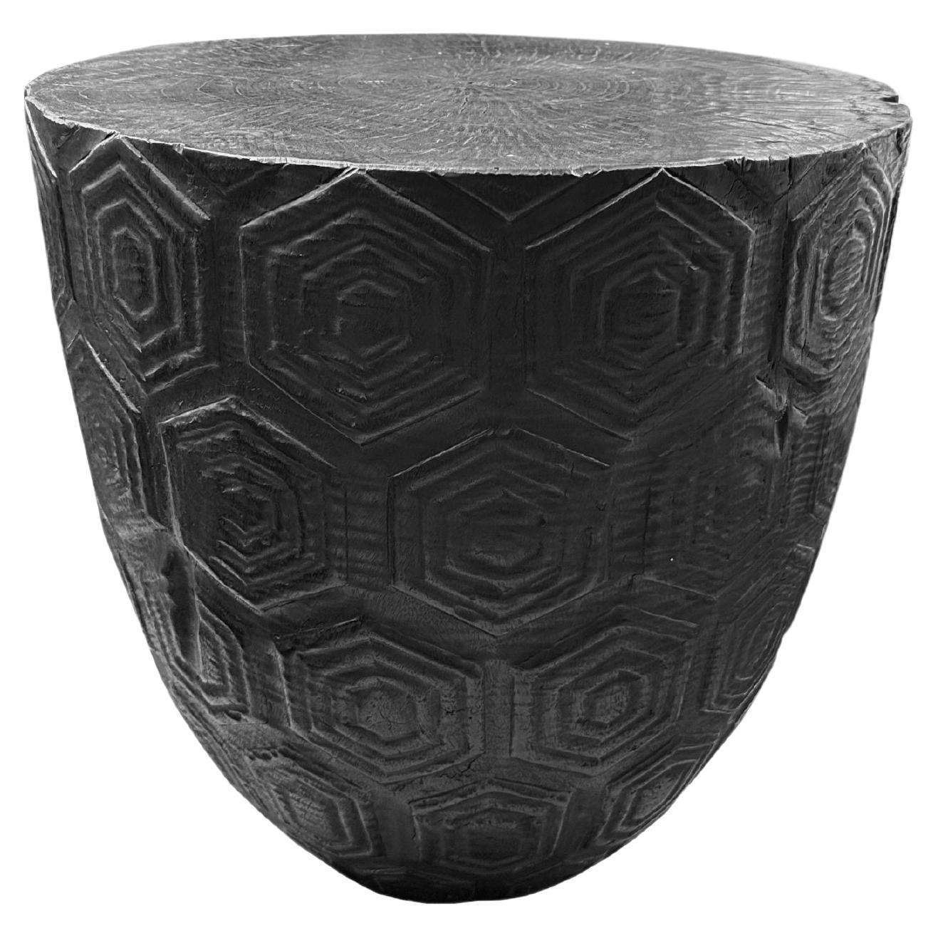 Round Mango Wood Side Table, Carved Detailing, Modern Organic For Sale