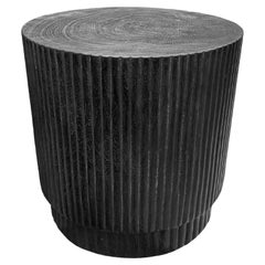 Round Mango Wood Side Table, Carved Detailing, Modern Organic