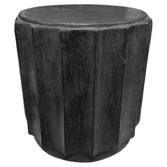 Round Mango Wood Side Table, Carved Detailing, Modern Organic