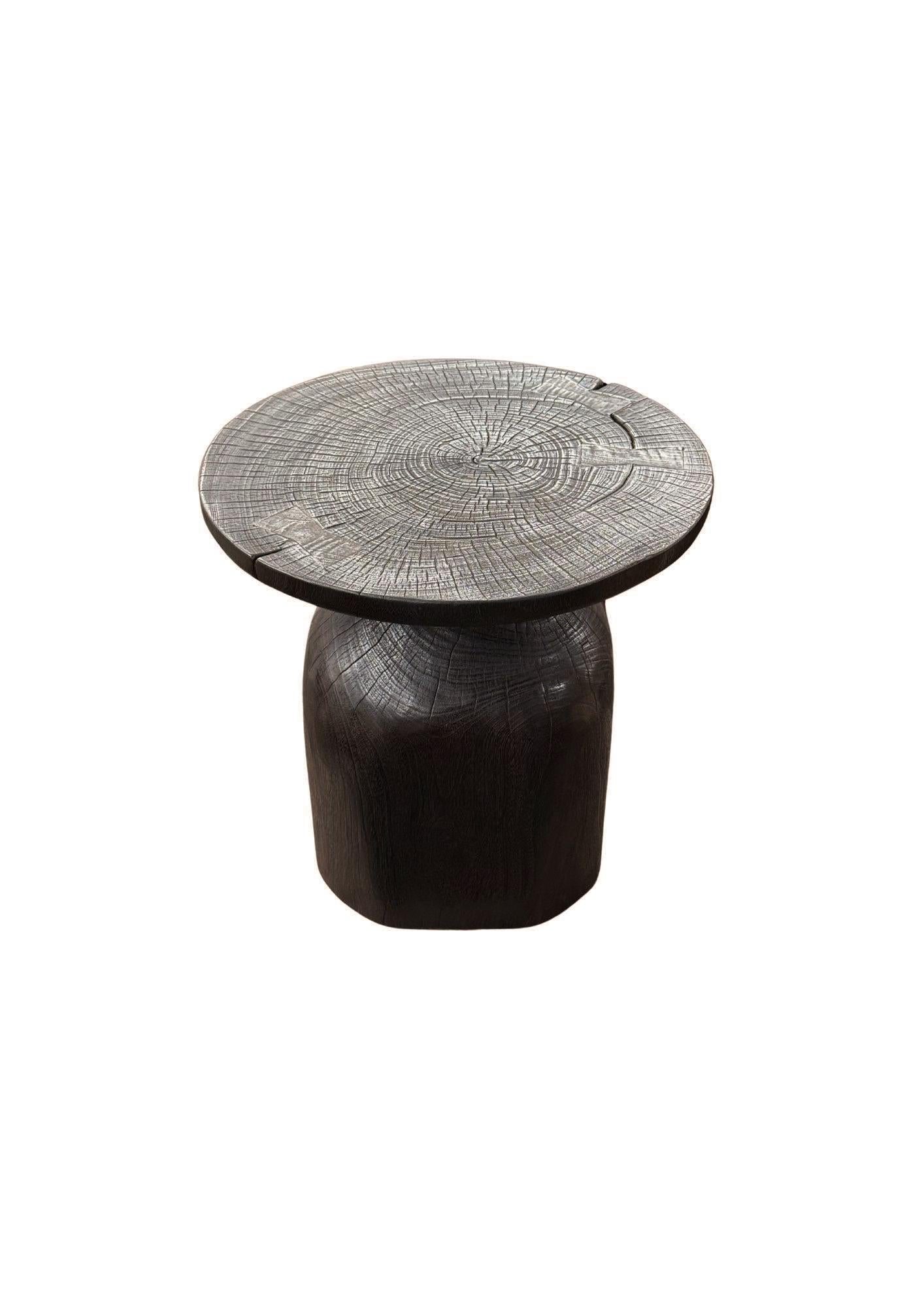 Hand-Crafted Round Mango Wood Side Table, Modern Organic, Brown Finish For Sale