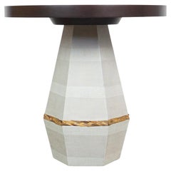 Round Maple Side Table with Hexagonal Faceted Mushroom-Like Pedestal Base