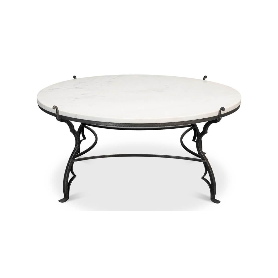 A masterpiece that melds the opulence of marble with the strength of wrought iron. This exquisite table boasts a generously sized, round white Baswara marble top, each pattern unique as a fingerprint. 

The hand-forged iron base is a work of art,