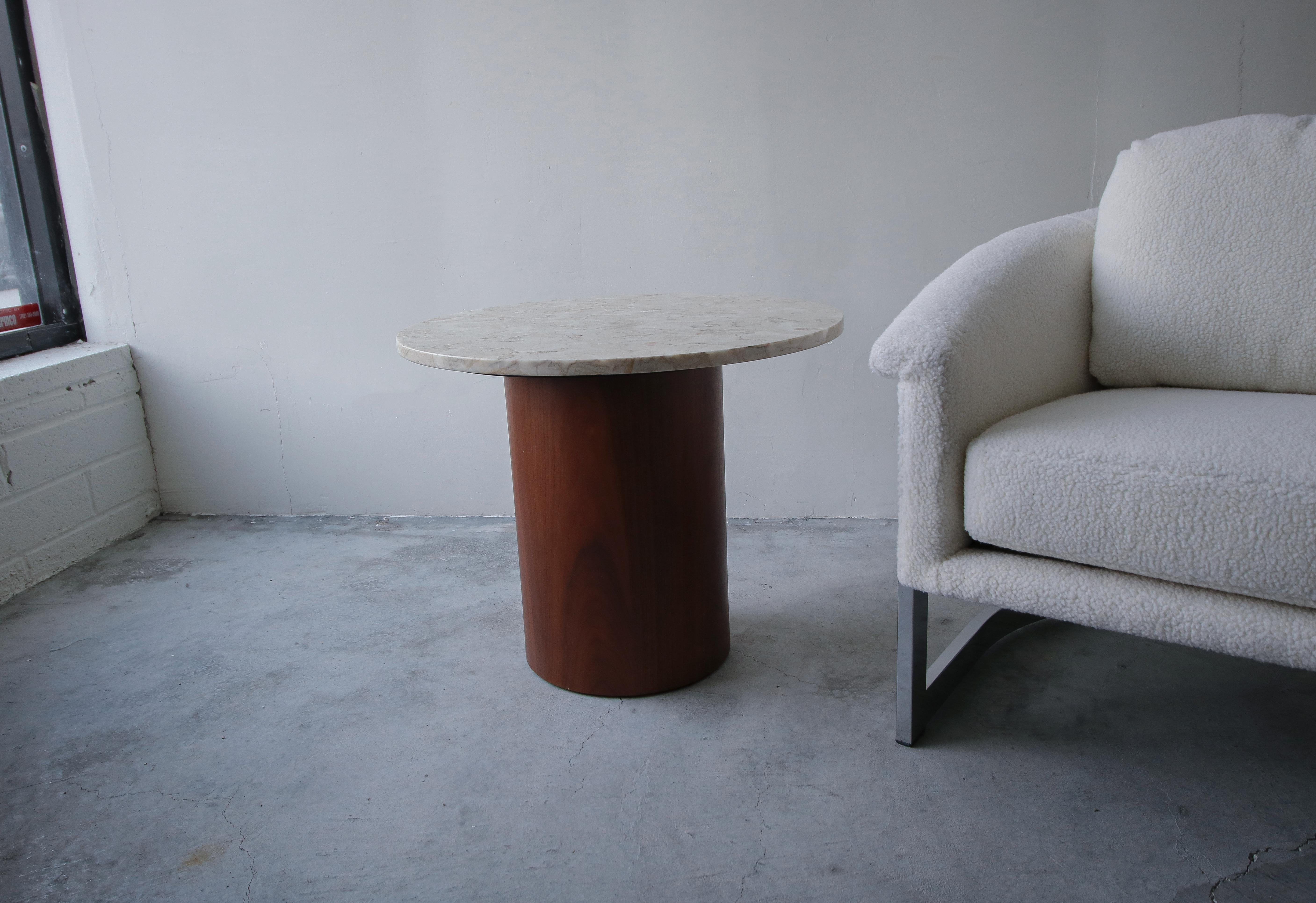 Mid-Century Modern Round Marble and Walnut Drum Side Table