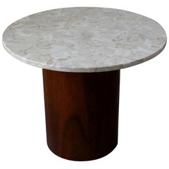 Round Marble and Walnut Drum Side Table