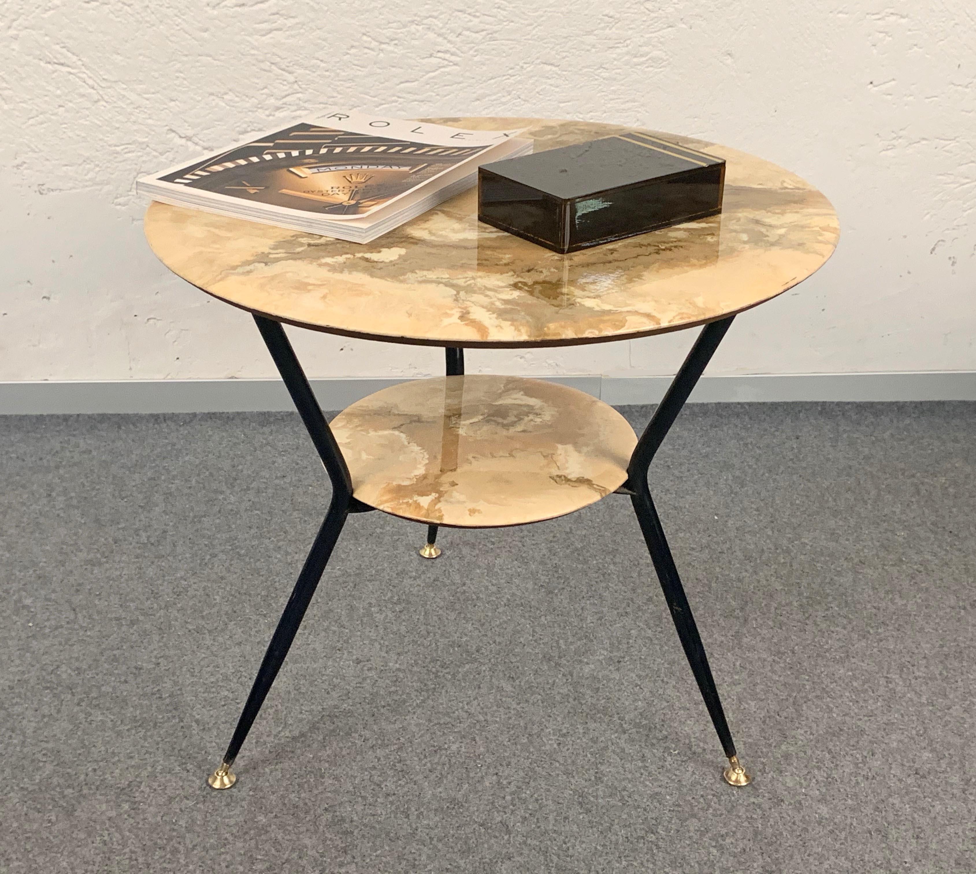 Varnished Round Marbled Wood Coffee Double Level Italian Table with Brass Feet, 1950s