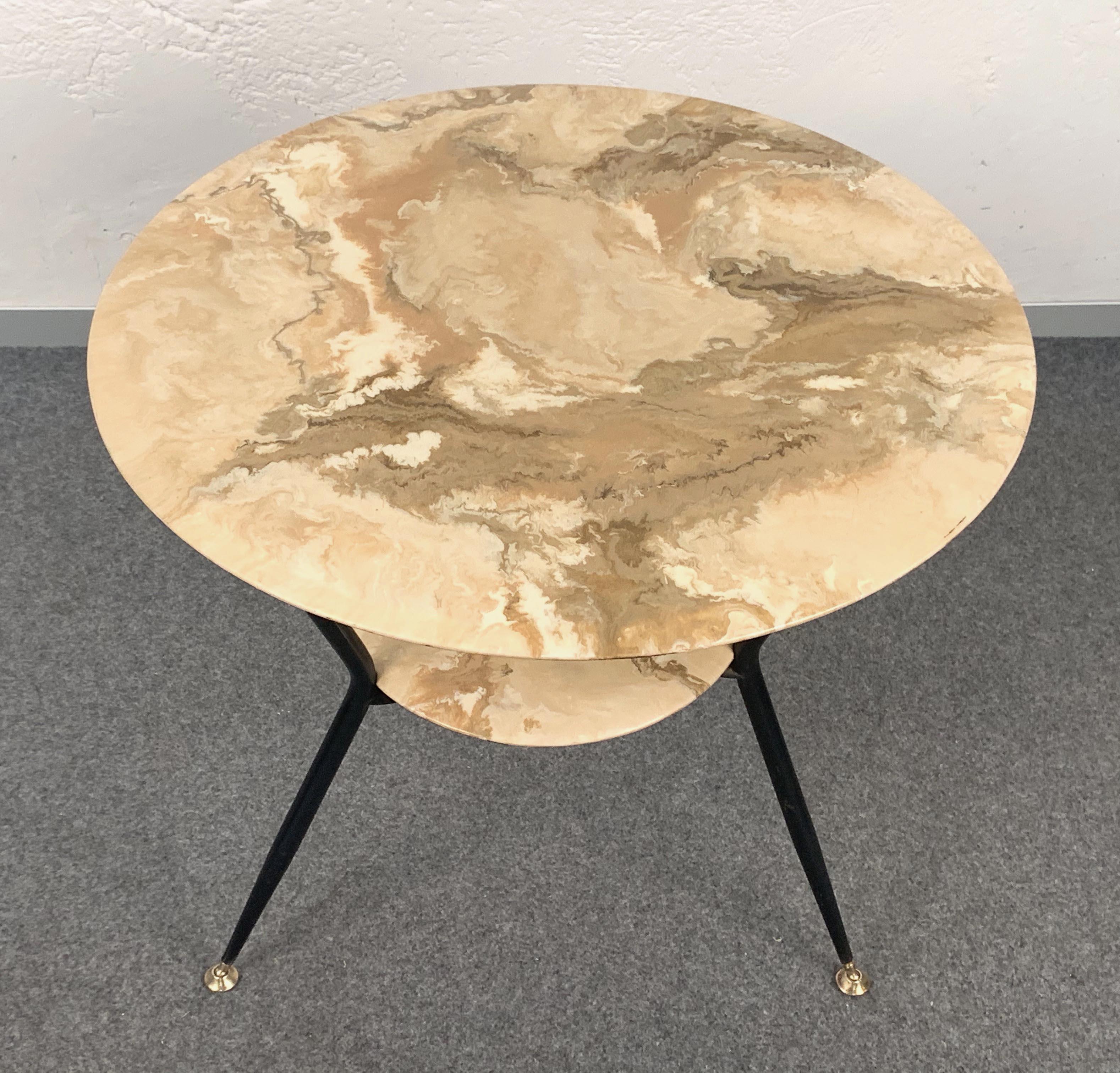 20th Century Round Marbled Wood Coffee Double Level Italian Table with Brass Feet, 1950s