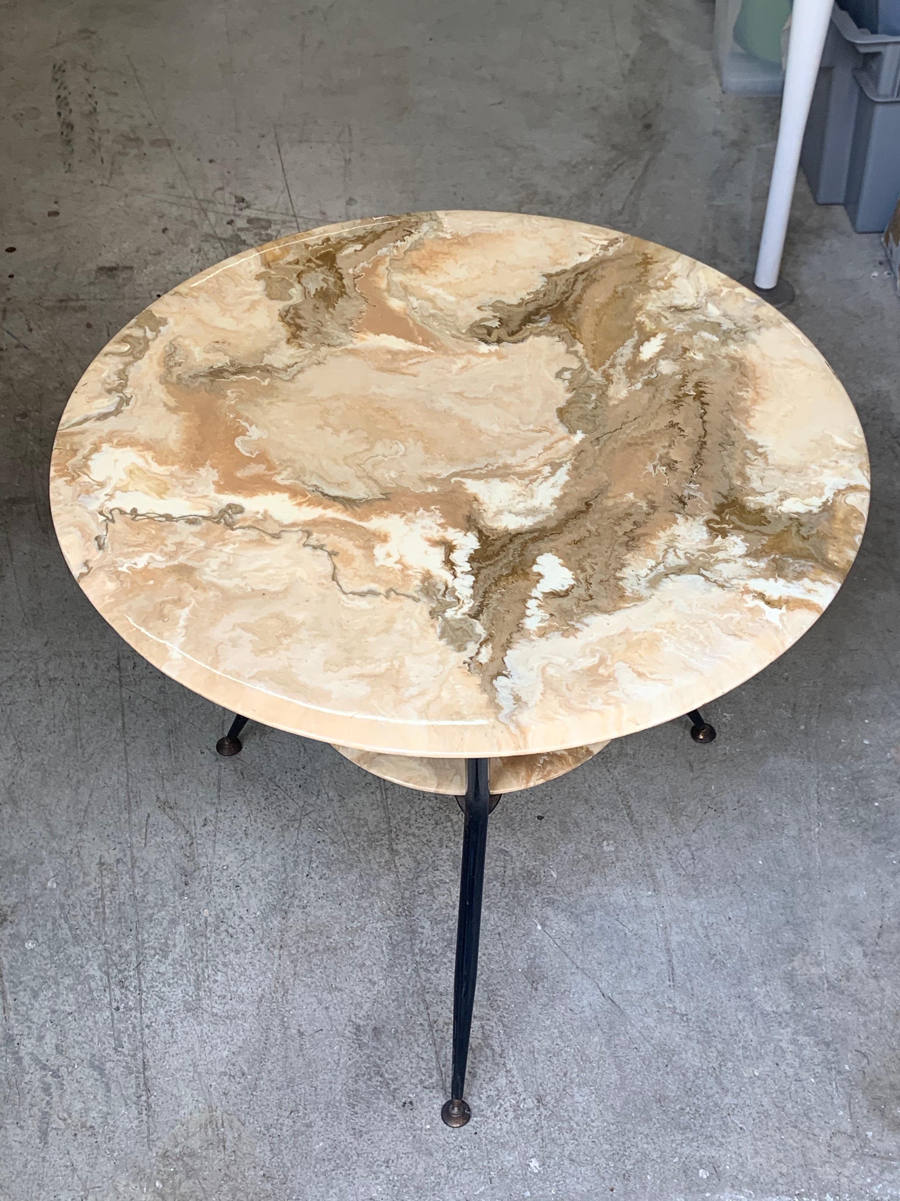 Metal Round Marbled Wood Coffee Double Level Italian Table with Brass Feet, 1950s
