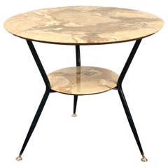 Round Marbled Wood Coffee Double Level Italian Table with Brass Feet, 1950s