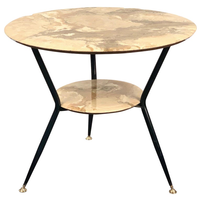 Round Marble and Wood Coffee Double Level Italian Table with Brass Feet