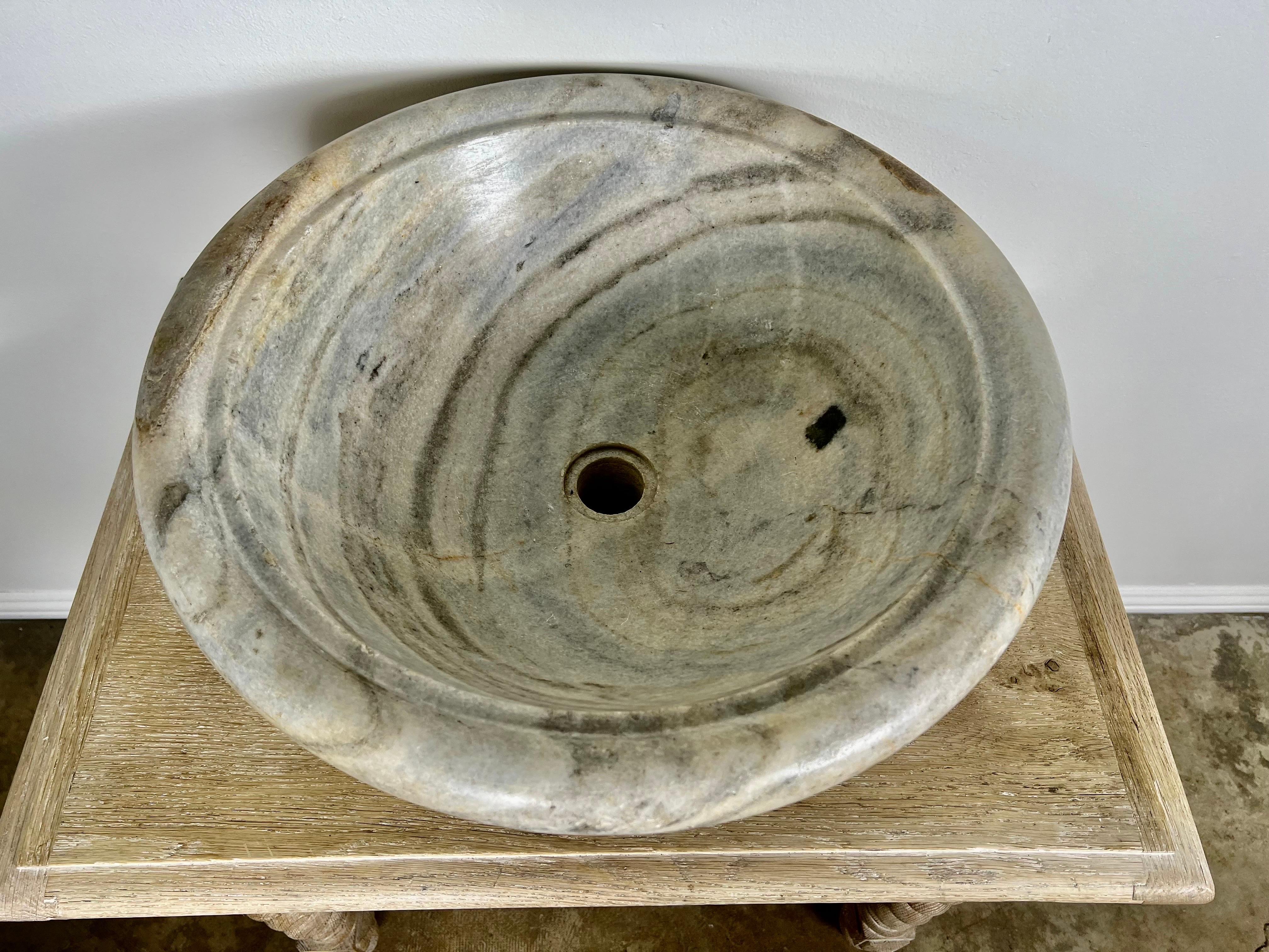 Mid-Century Modern Round Marble Italian Stone Sink in Soft Blues/Neutrals, 20th Century