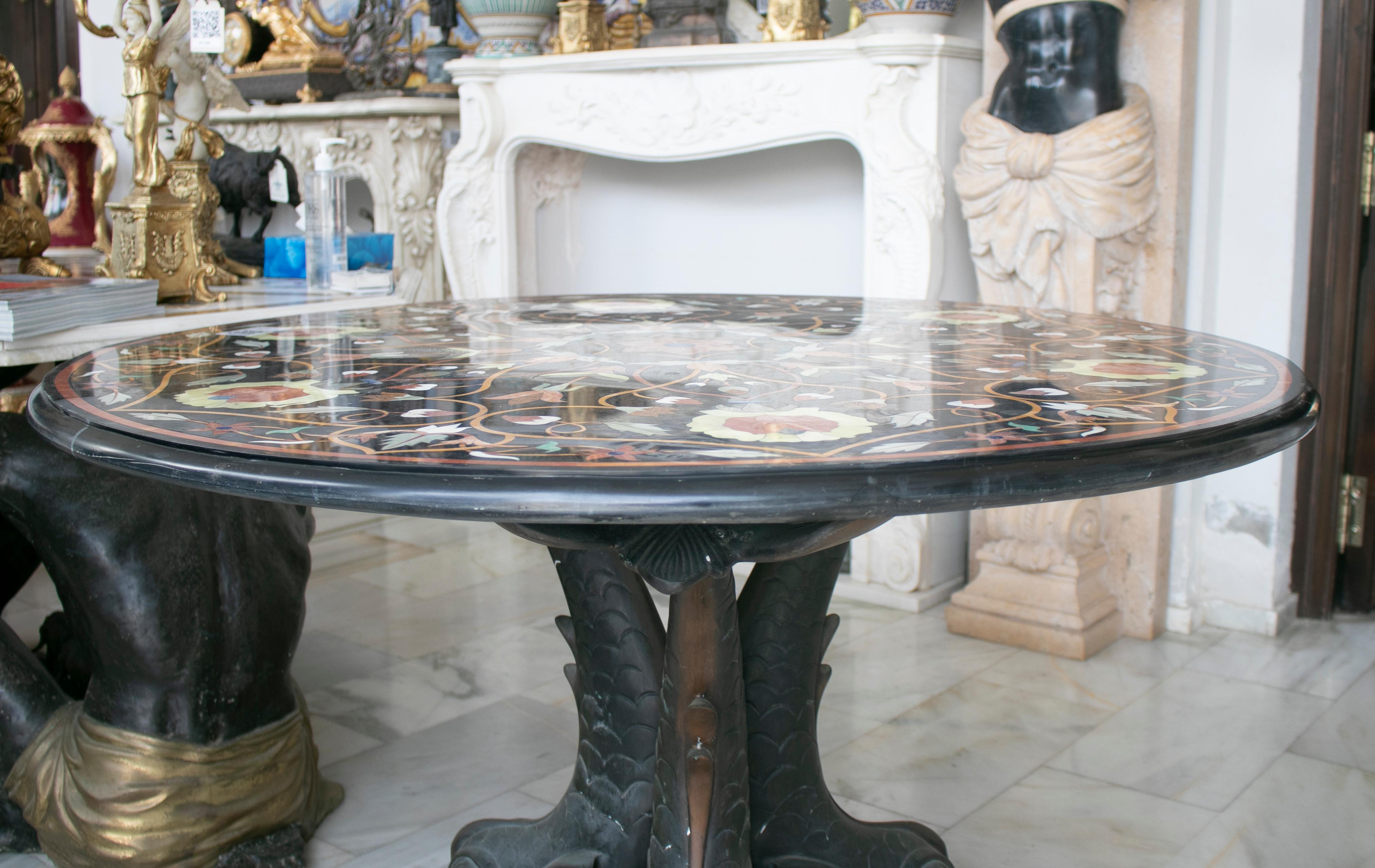 European Round Marble Table Top with Hard Stones Mosaic Inlay For Sale