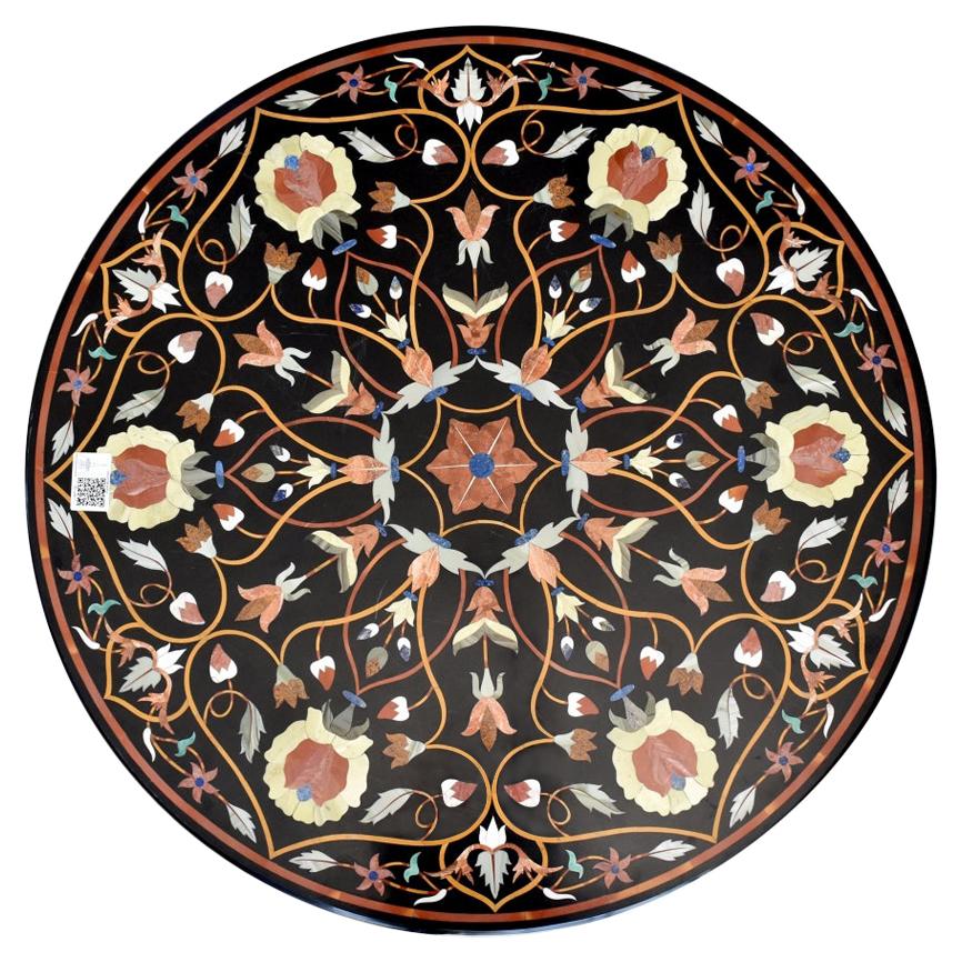 Round Marble Table Top with Hard Stones Mosaic Inlay