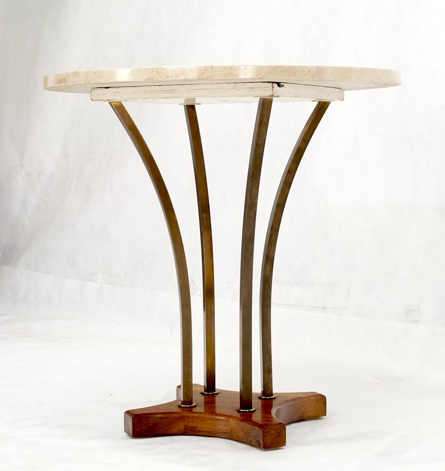 Mid-Century Modern round marble top bent brass tube & walnut base occasional side end table pedestal. Paul McCobb decor match.
