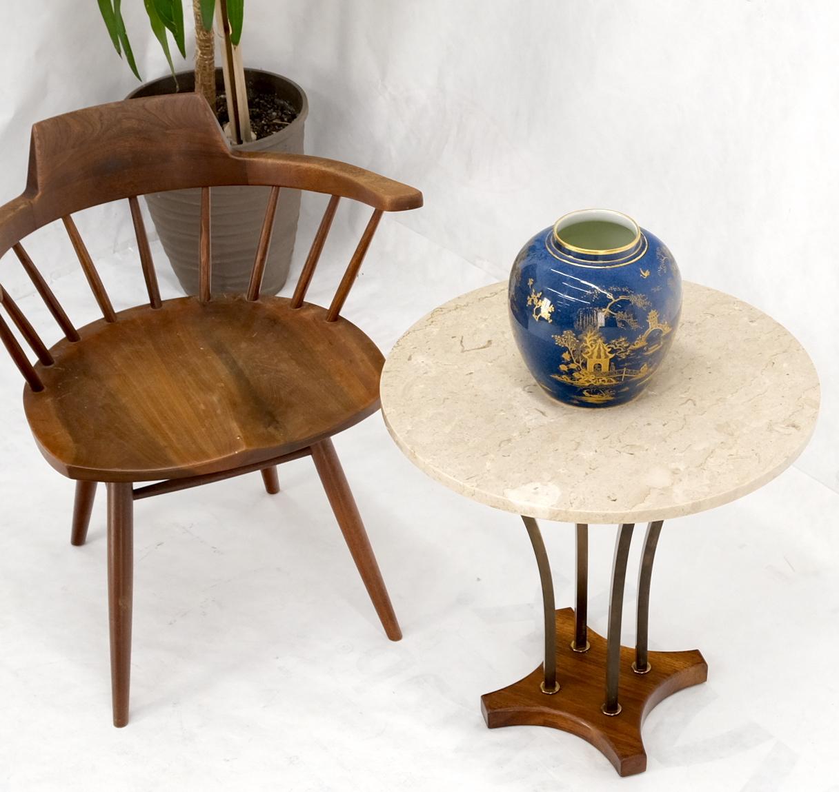20th Century Round Marble Top Brass & Walnut Occasional End Side Table Lamp Stand For Sale