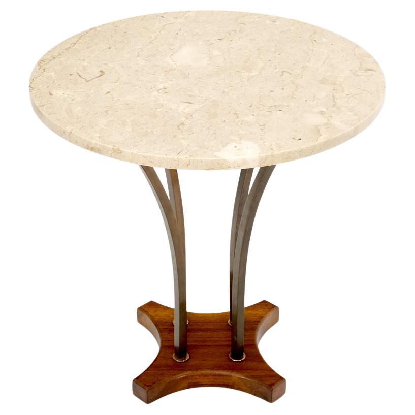 Round Marble Top Brass & Walnut Occasional End Side Table Lamp Stand For Sale