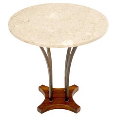 Round Marble Top Brass & Walnut Occasional End Side Table Lamp Stand