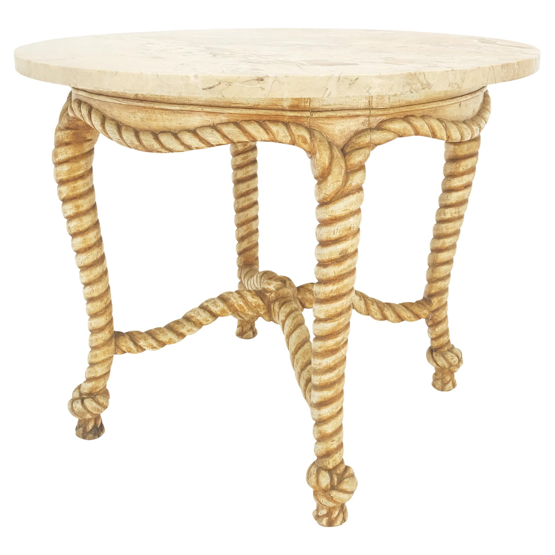 Round Marble Top Carved Wood "Rope & Knots" Legs Base Center Lamp Table Stand For Sale