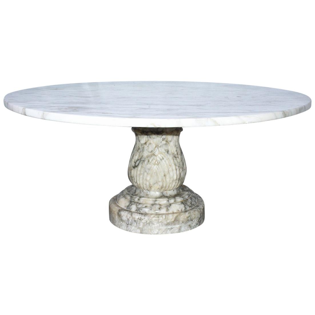 Round Marble Top Coffee Table with Carved Marble Base