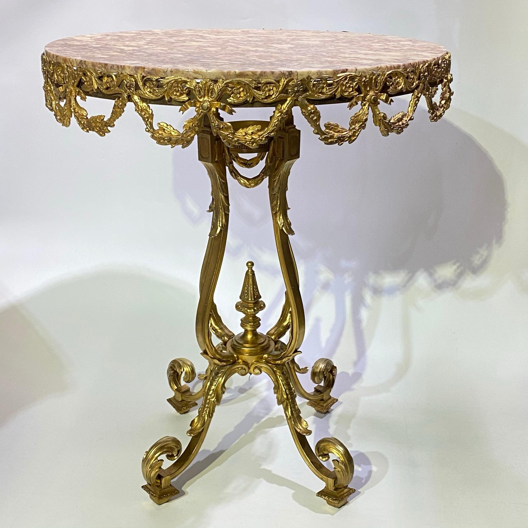 Round Marble Top Louis XVI Style Bronze Side Table In Good Condition In New York, NY