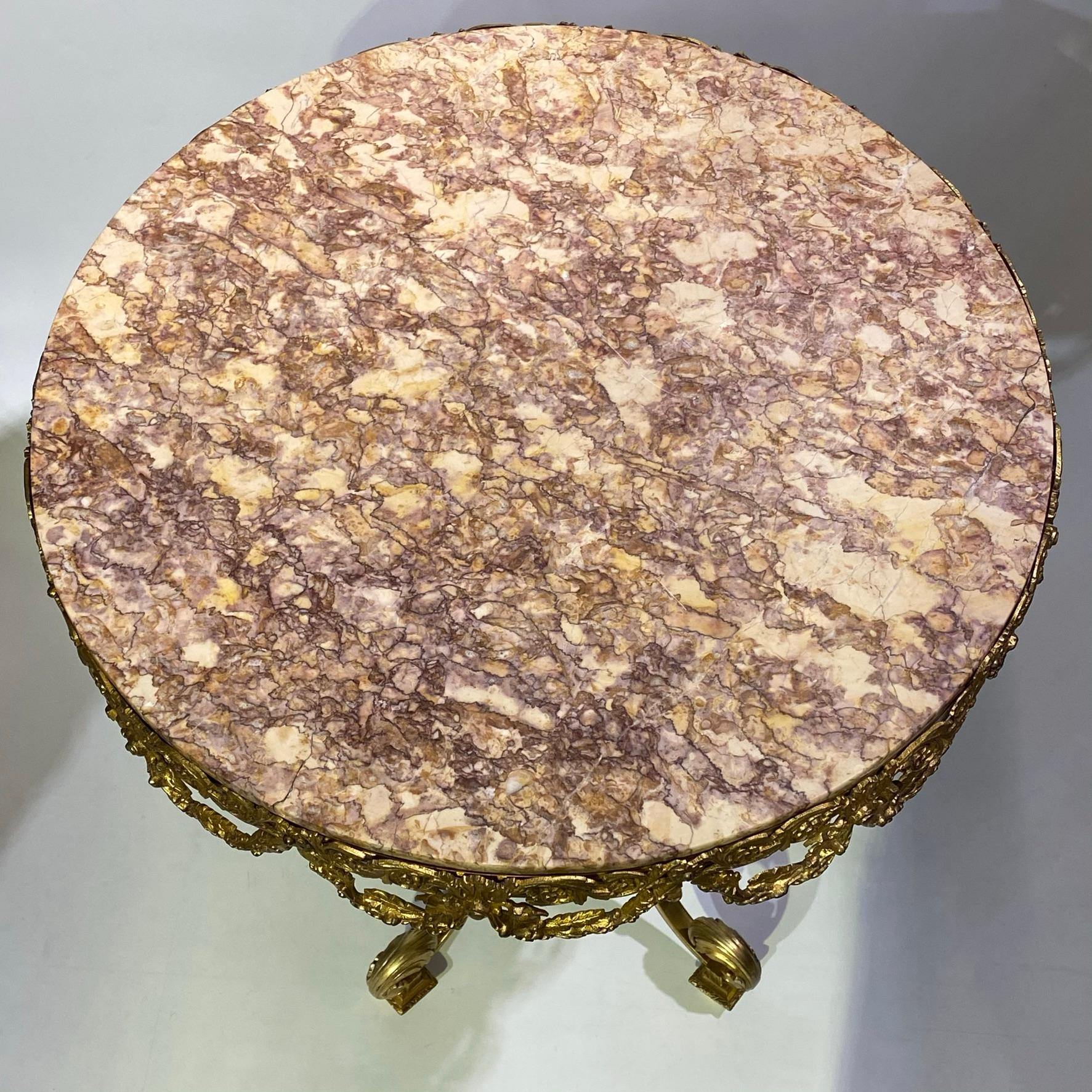 Round Marble Top Louis XVI Style Bronze Side Table 1