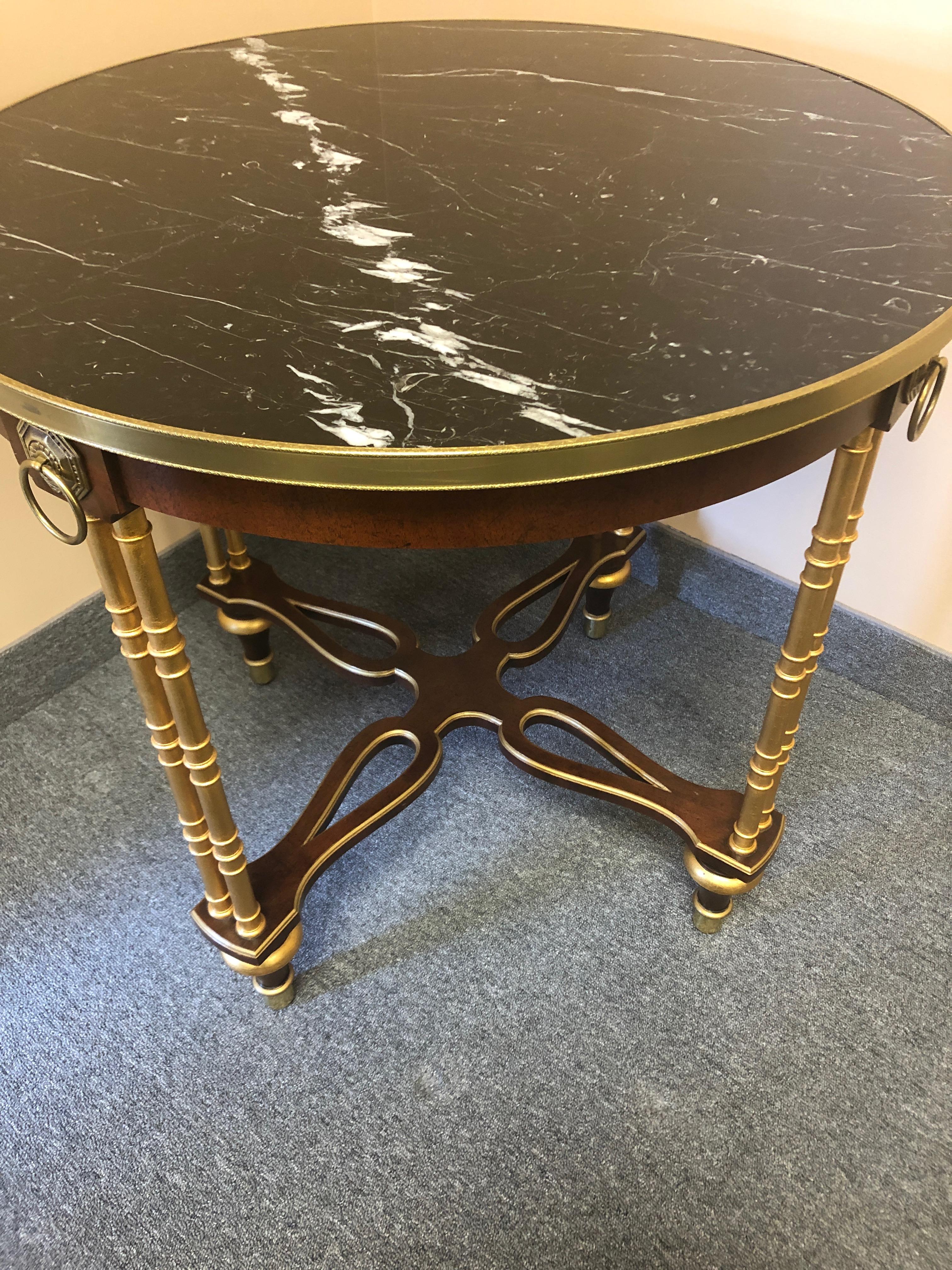 Late 20th Century Round Marble Top Mahogany Brass and Gilded Side Table by Baker