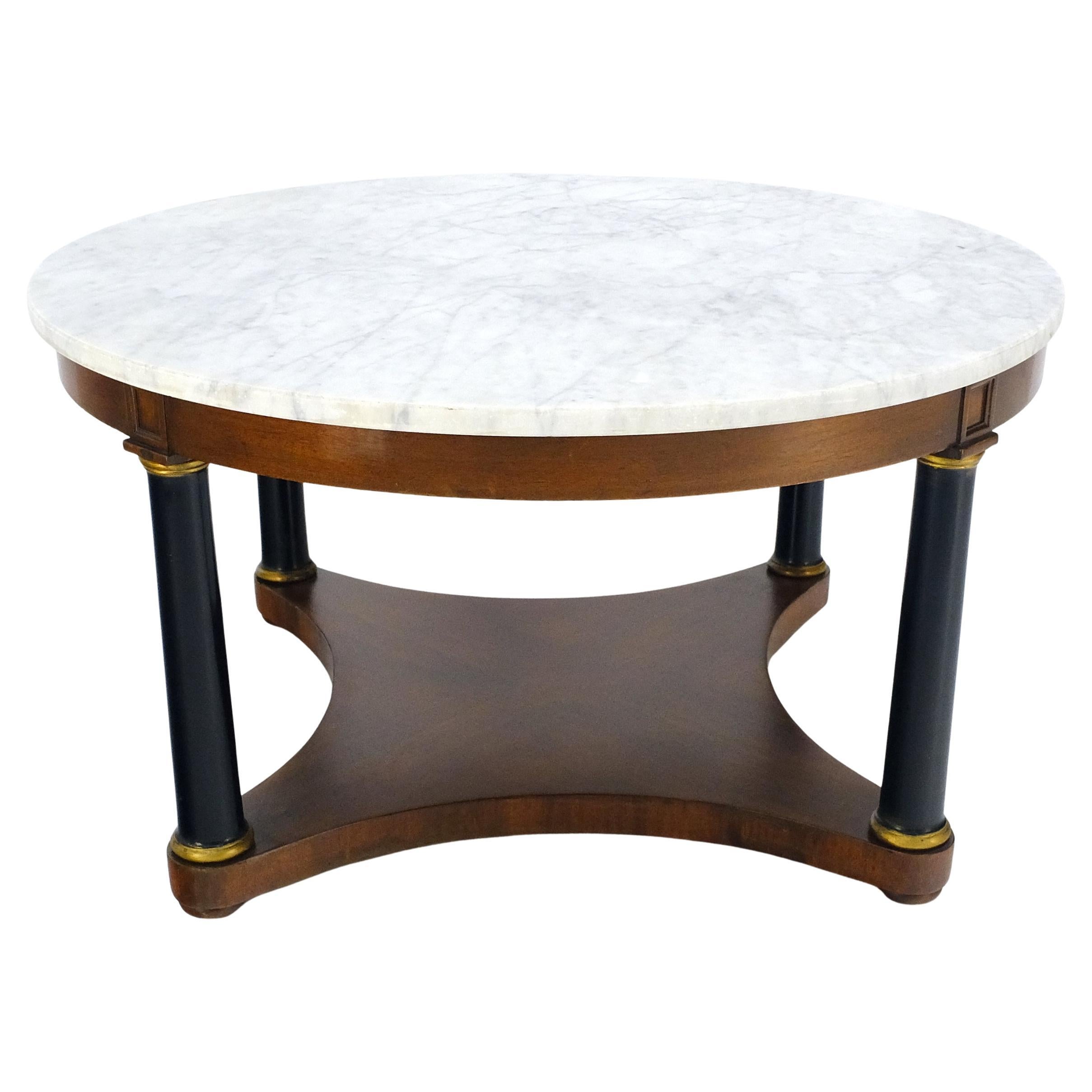 Round Marble Top Neoclassical Black Lacquer Pedestal Style Leg Coffee Table For Sale