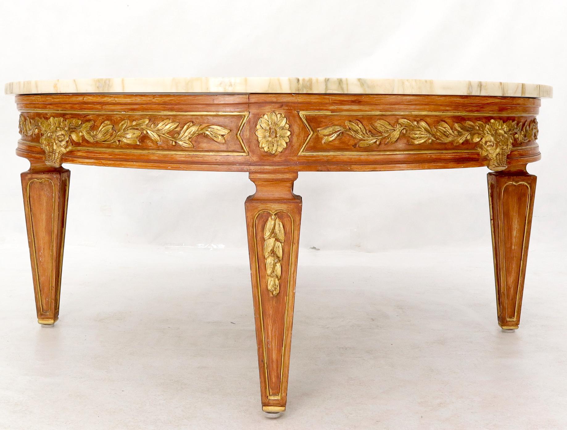 Mid-Century Modern Round Marble Top Ornate Carved Mahogany Base Coffee Table For Sale