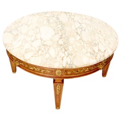 Round Marble Top Ornate Carved Mahogany Base Coffee Table
