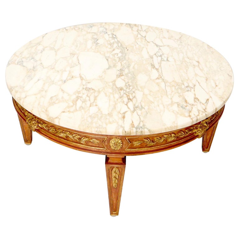 Round Marble Top Ornate Carved Mahogany, Wood Base Marble Top Coffee Table