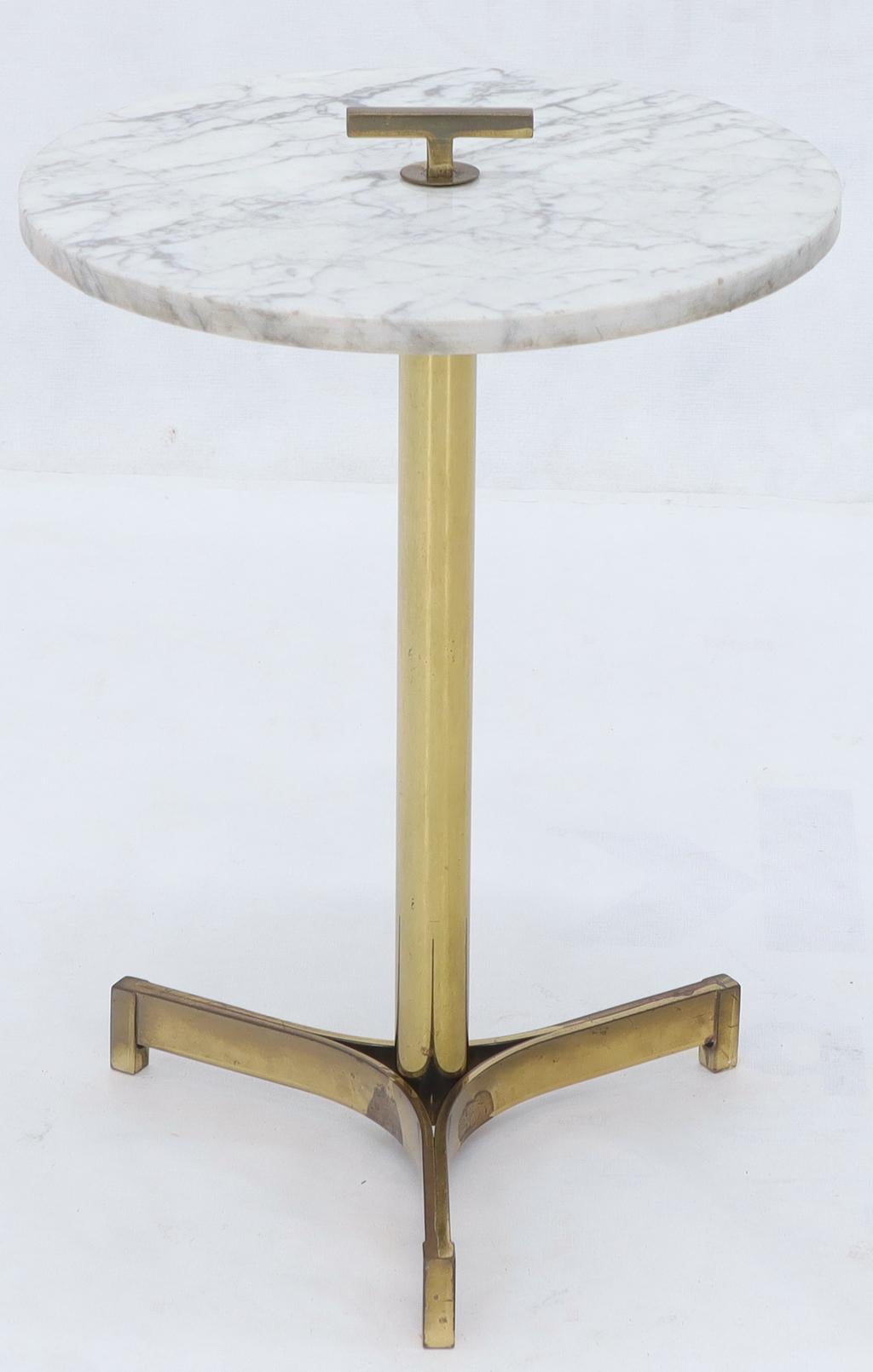 Mid-Century Modern Round Marble Top Tripod Brass Base Legs Occasional Butler Side Table For Sale