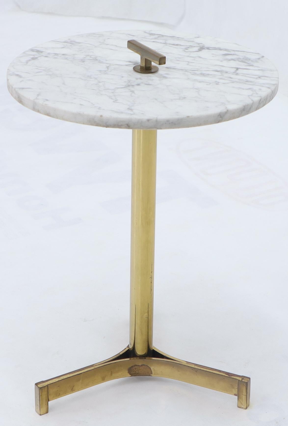 American Round Marble Top Tripod Brass Base Legs Occasional Butler Side Table For Sale