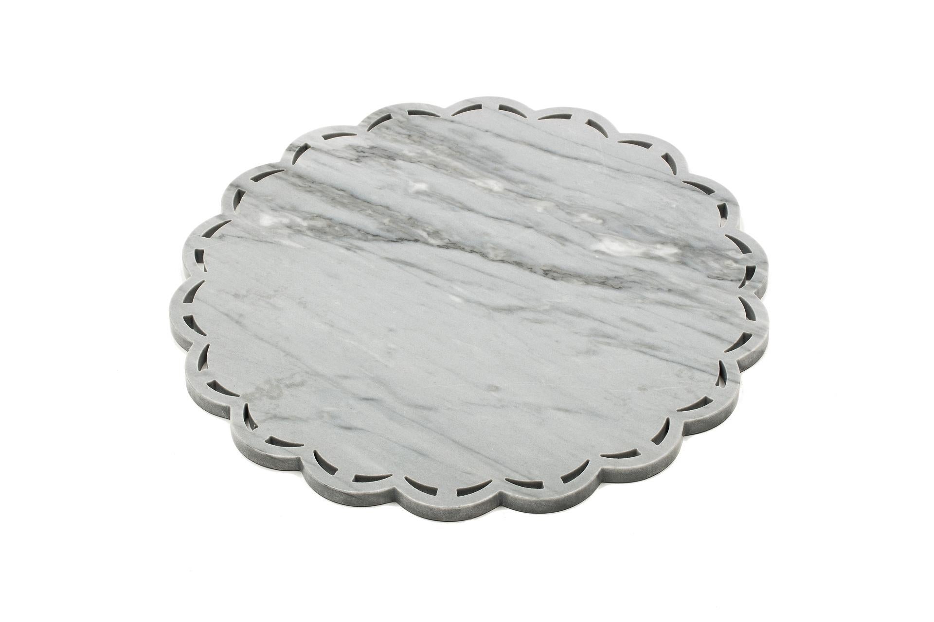 Hand-Crafted Round Marble Tray or Plate with Lace Edge