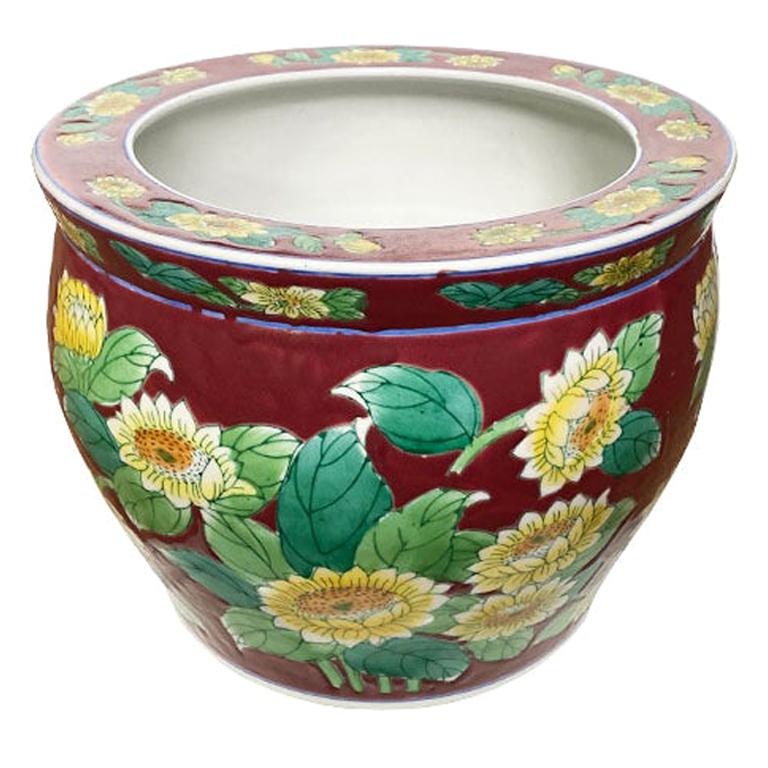 Round Maroon Chinoiserie Chinese Jardinière Planter with Yellow Flowers
