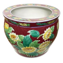 Round Maroon Chinoiserie Chinese Jardinière Planter with Yellow Flowers