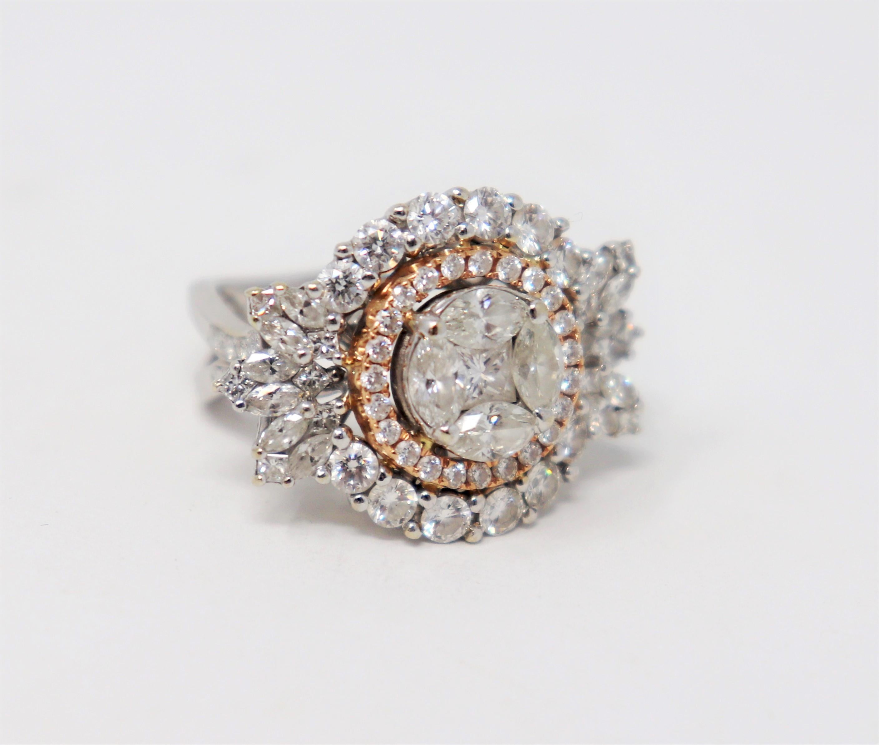 Round, Marquis & Princess Diamond Double Halo Ring 18 Karat White and Rose Gold For Sale 5