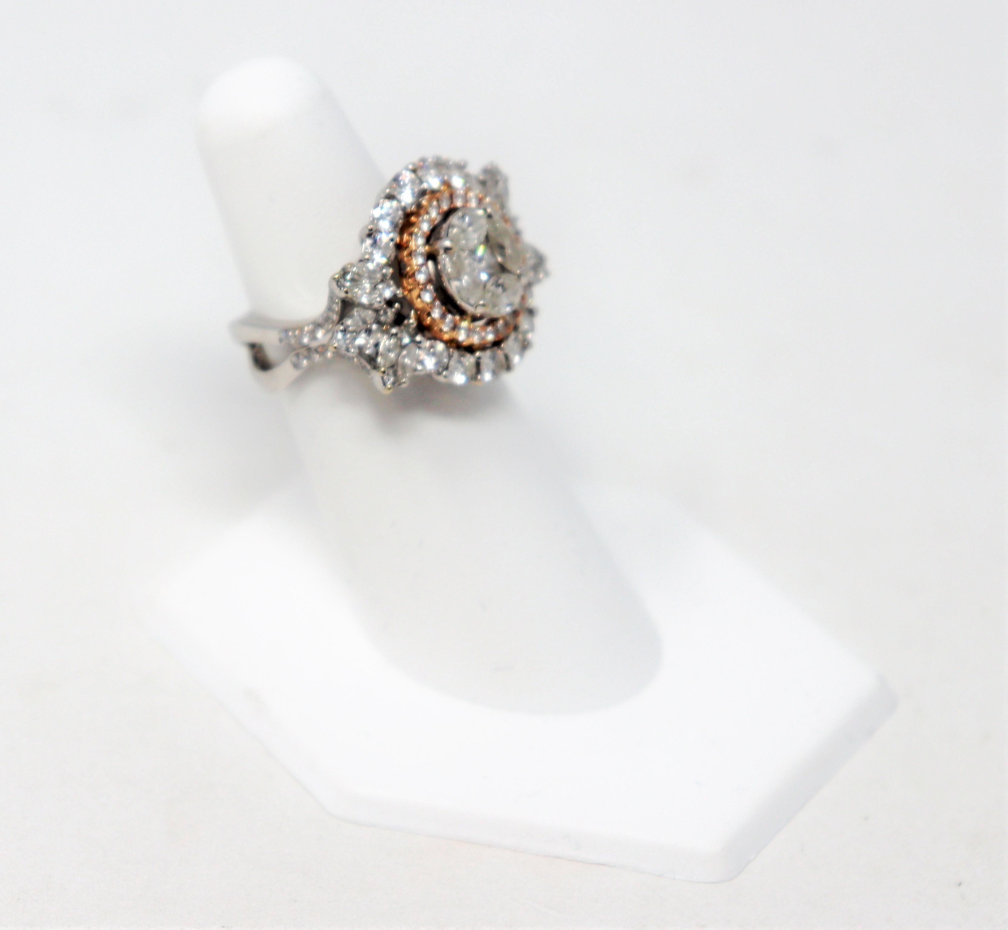 Round Cut Round, Marquis & Princess Diamond Double Halo Ring 18 Karat White and Rose Gold For Sale