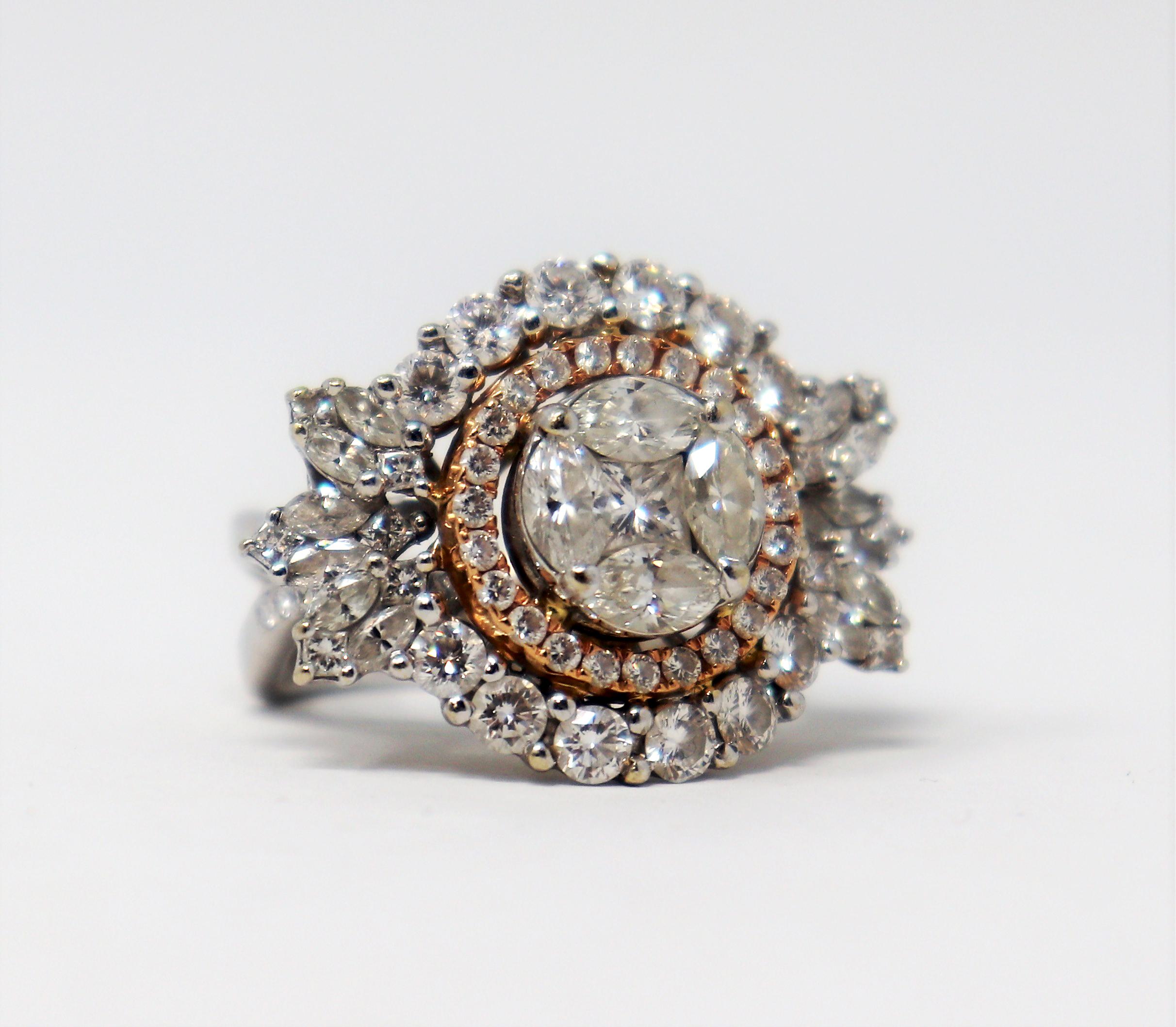 Women's Round, Marquis & Princess Diamond Double Halo Ring 18 Karat White and Rose Gold For Sale