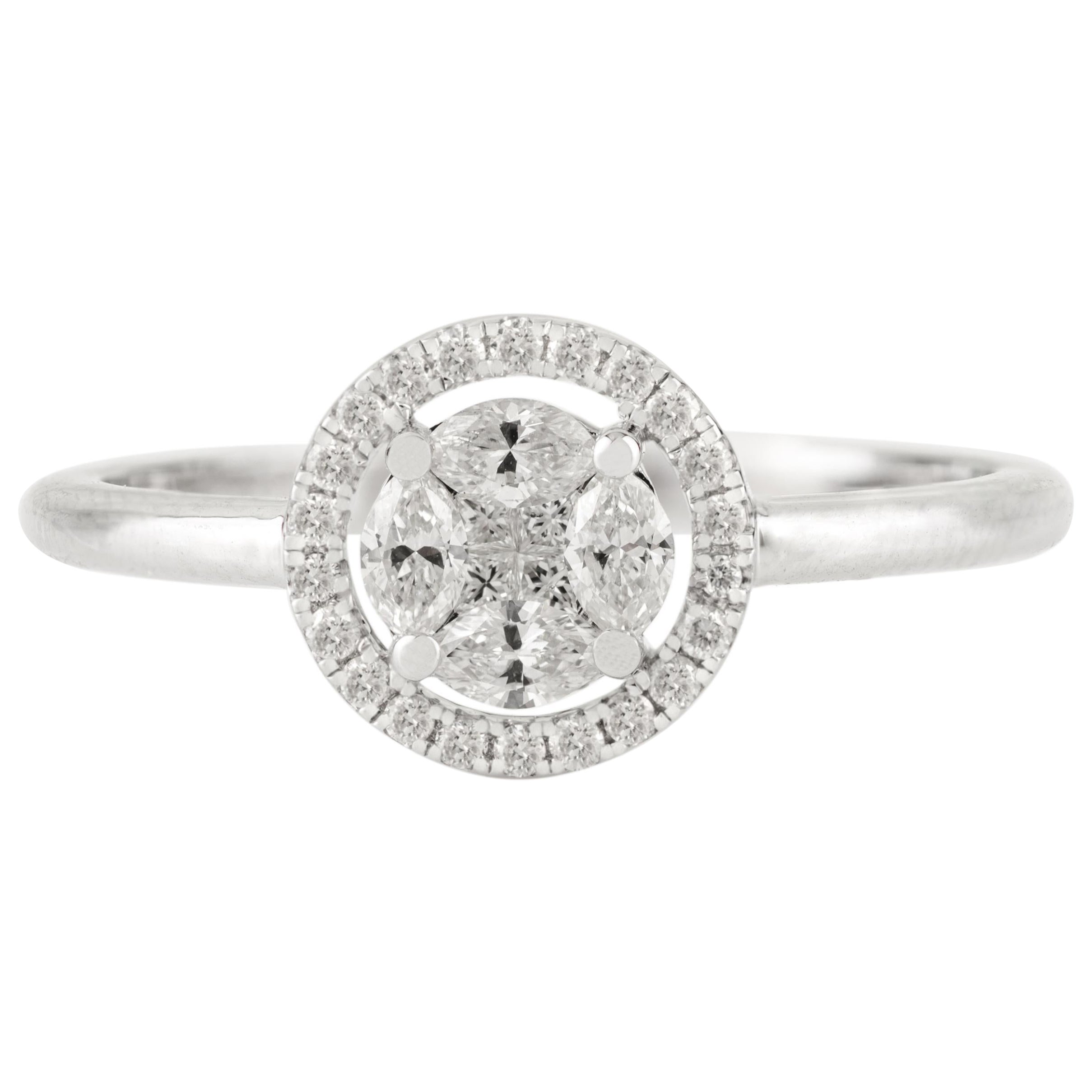 in vendita:  Anello di fidanzamento aureolato con diamante rotondo e taglio marquise in oro bianco massiccio 14 carati