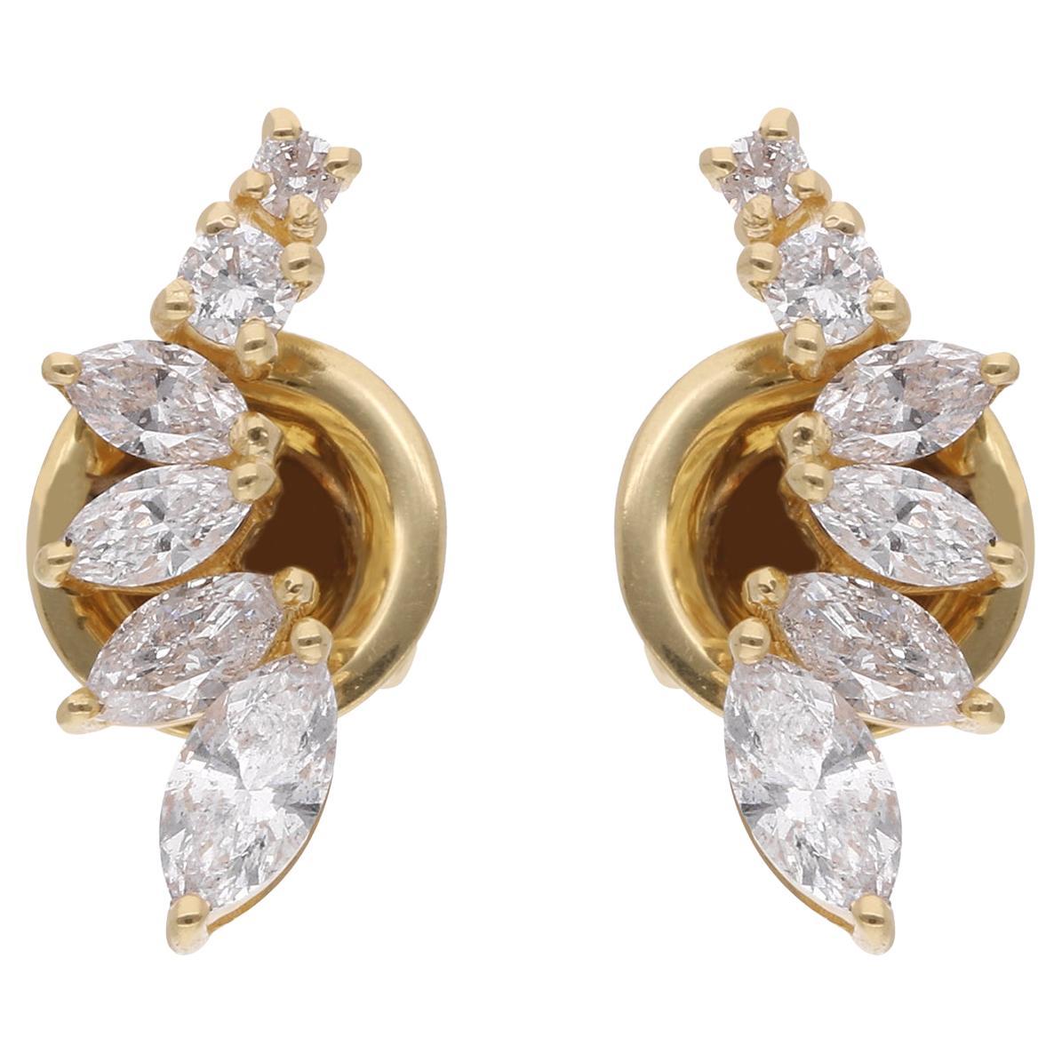 Round & Marquise Diamond Stud Earrings 18 Karat Yellow Gold Handmade Jewelry